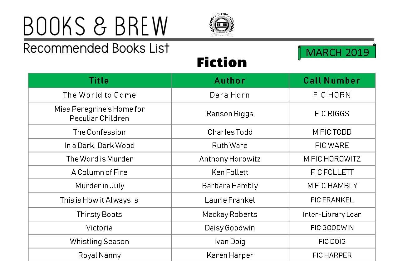 Books and Brew Book List March 2019