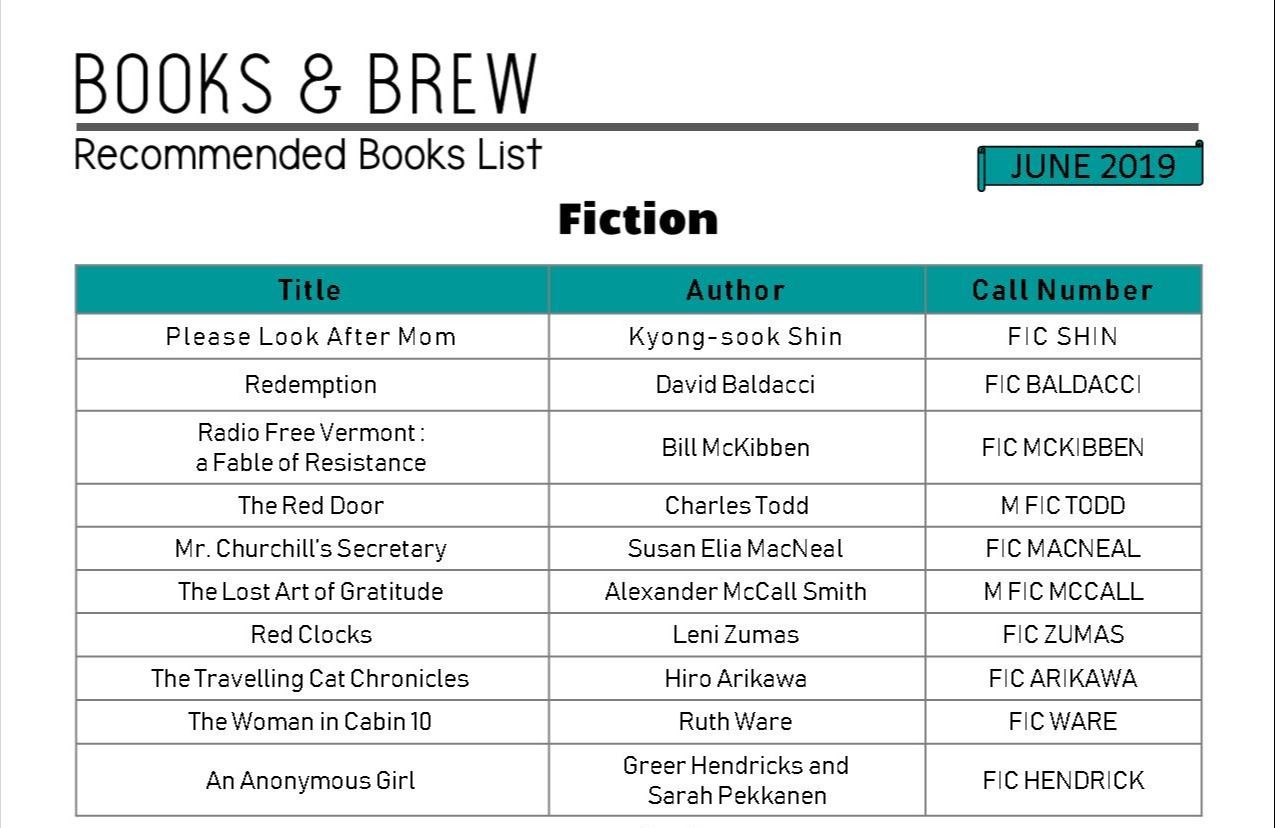 Books and Brew Book List June 2019