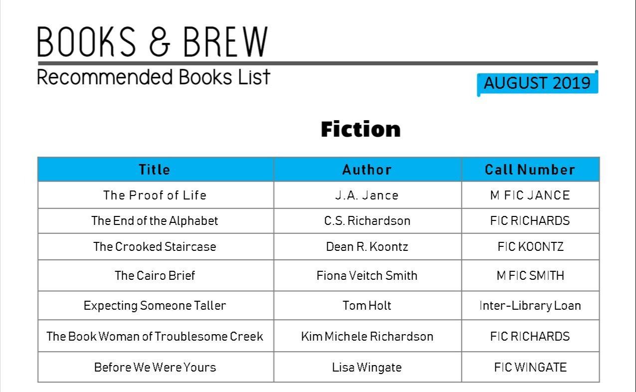 Books and Brew Book List August 2019